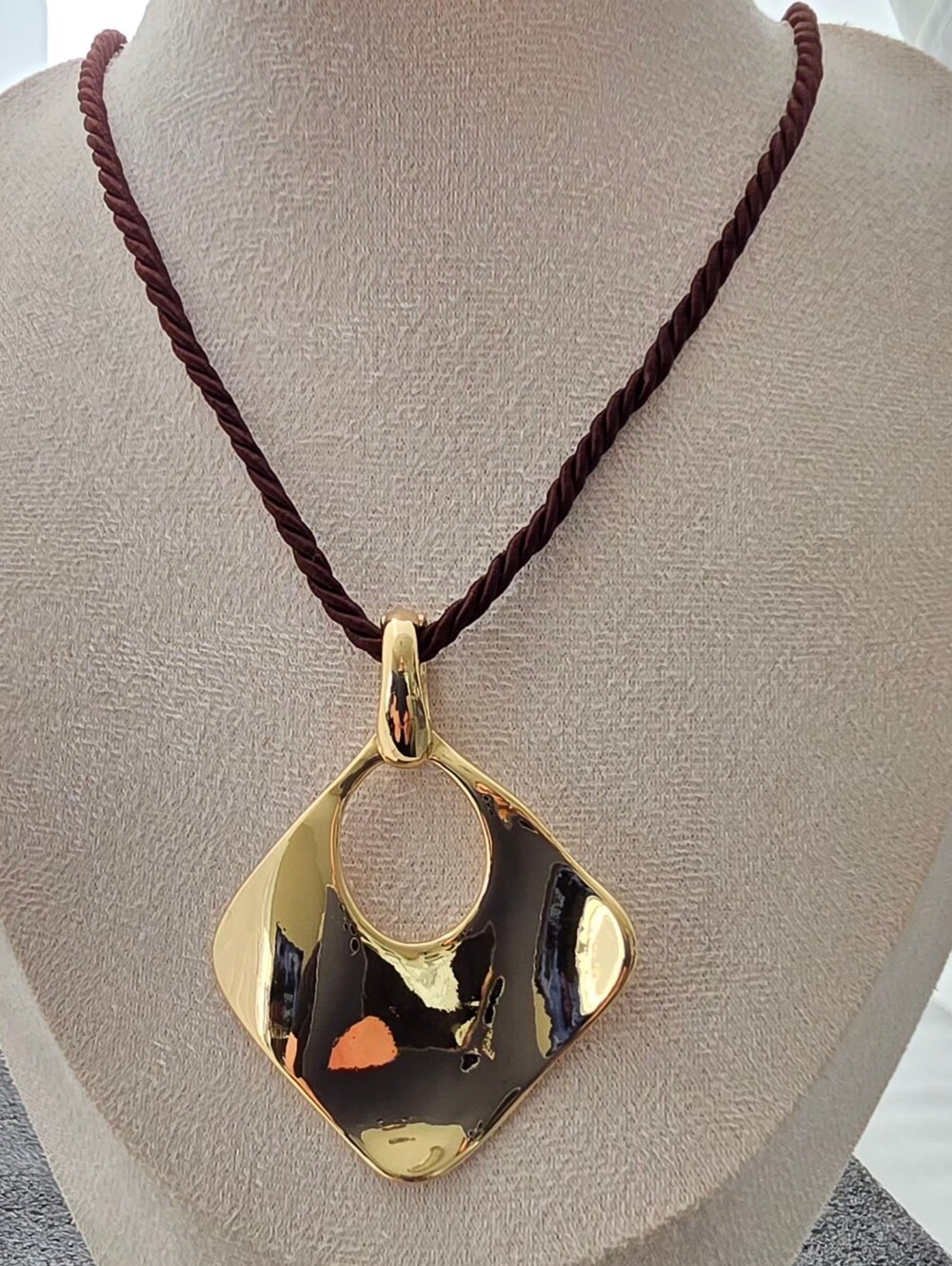 Premier Designs Gold-Tone Diamond Pendant with Brown Cord